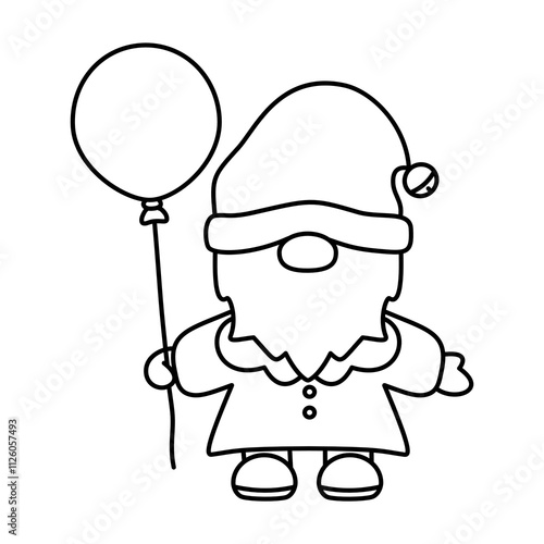 winter christmas Gnome with balloon doodle outline