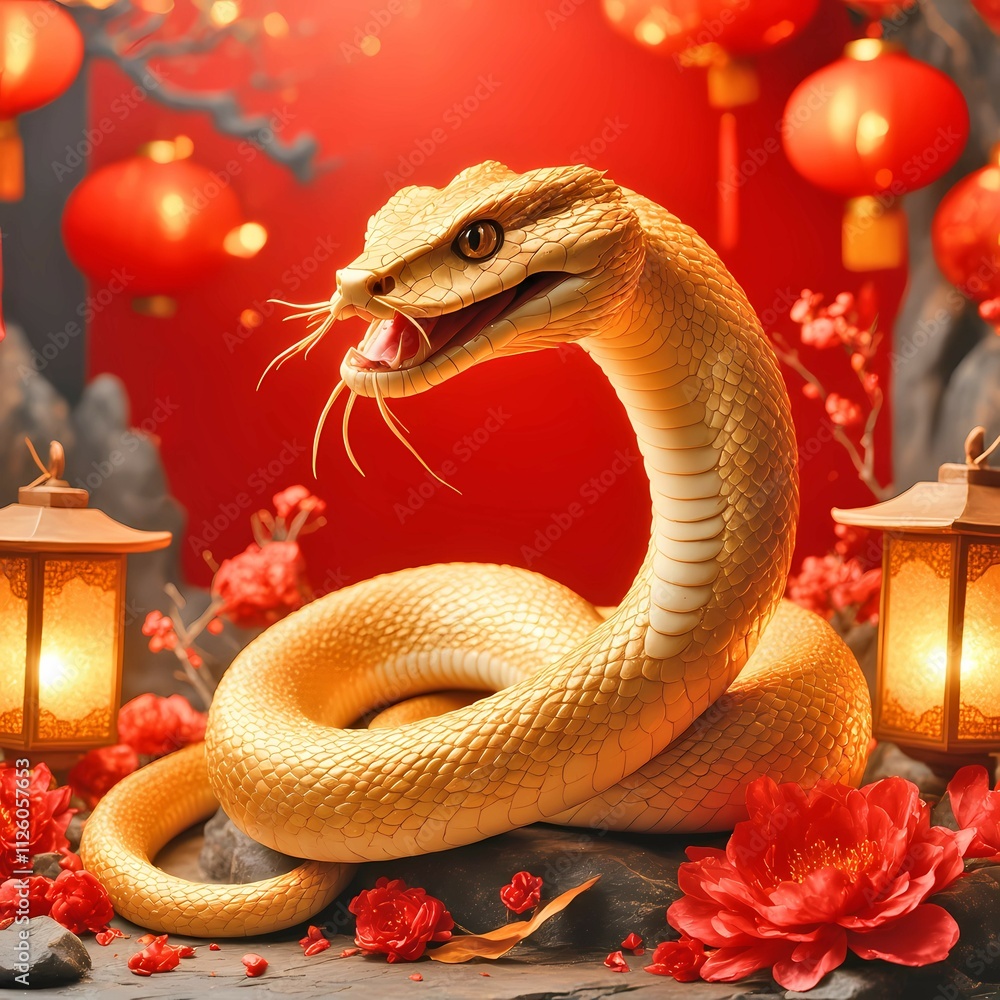 2025 New Year Concept: Golden Snake with Lantern Decorations for Festive and Prosperous Celebration 2025 New Year Concept: Golden Snake with Lantern Decorations for Festive and Prosperous Celebration