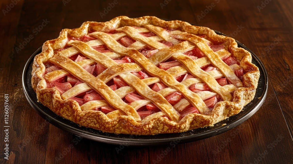 Freshly Baked Rhubarb Pie with Golden Lattice Crust, Sitting on a Dark Wooden Table, Perfect for Seasonal Dessert Celebrations and Home Baking Enthusiasts Freshly Baked Rhubarb Pie with Golden Lattice Crust, Sitting on a Dark Wooden Table, Perfect for Seasonal Dessert Celebrations and Home Baking Enthusiasts