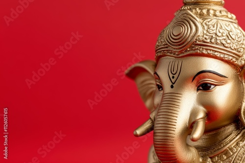 Golden ganesh statue on vibrant red background photo