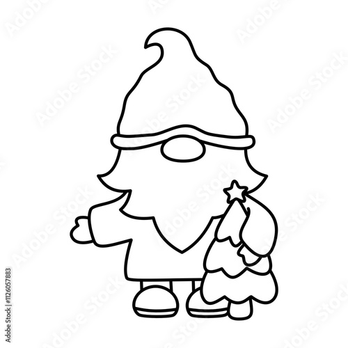 winter christmas Gnome with little christmas tree doodle outline