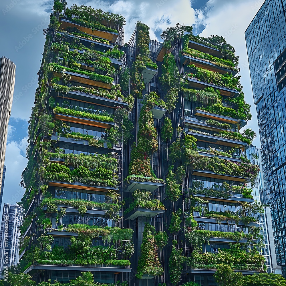 Obraz premium Lush green vertical garden on a modern highrise building.