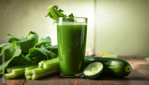 A close-up of a tall glass filled with green detox juice made from spinach, cucumber, and celery.