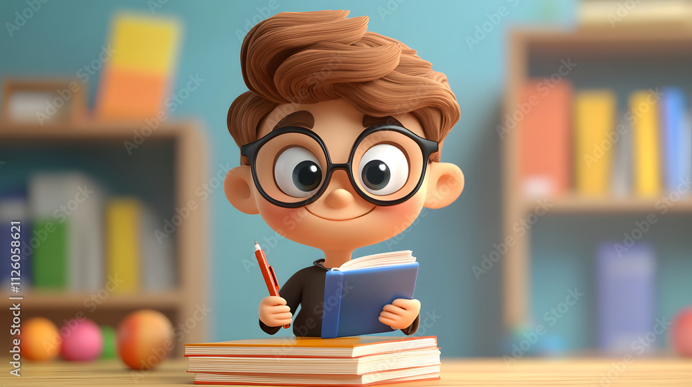 A cartoon child is doing his homework A cartoon child is doing his homework