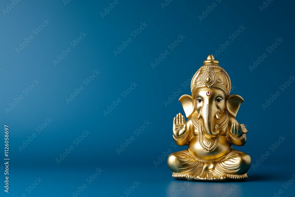 Golden ganesha statue on blue background: symbol of prosperity and wisdom Golden ganesha statue on blue background: symbol of prosperity and wisdom