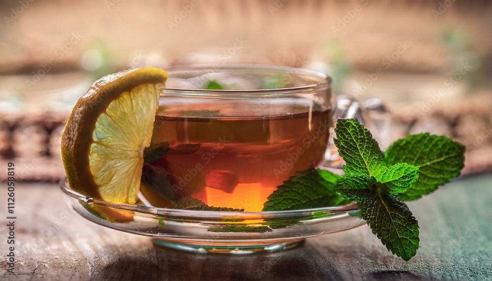 A close-up of traditional Arabic mint tea served in a delicate glass cup, with a sprig of fresh mint.