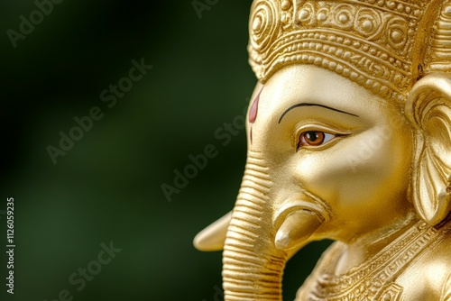 Golden ganesha statue with detailed elephant head and regal decor photo