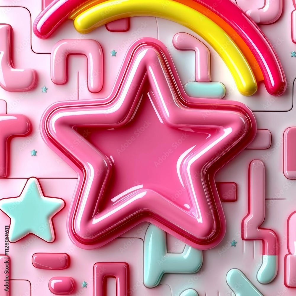 hyper realistic photo of Pink 3D 2025 with rainbow arc and star. , isolated on white background, , copy space, copy space for text, hyper realistic photo of Pink 3D 2025 with rainbow arc and star. , isolated on white background, , copy space, copy space for text,