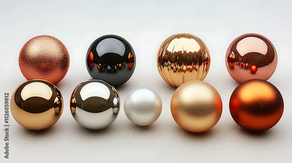 A collection of matte and shiny Christmas balls in warm holiday colors, displayed on a white background A collection of matte and shiny Christmas balls in warm holiday colors, displayed on a white background