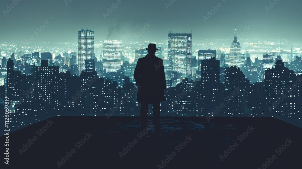 Mysterious Silhouette Overlooking a Neon Cityscape at Night, Evoking Themes of Intrigue, Solitude, and Urban Exploration in a Metropolis Setting Mysterious Silhouette Overlooking a Neon Cityscape at Night, Evoking Themes of Intrigue, Solitude, and Urban Exploration in a Metropolis Setting