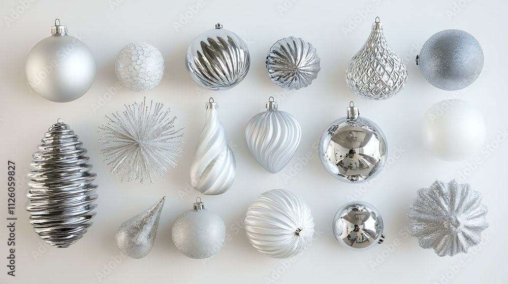 A collection of shimmering New Year ornaments in silver and white, with delicate textures, displayed on a clean white backdrop A collection of shimmering New Year ornaments in silver and white, with delicate textures, displayed on a clean white backdrop