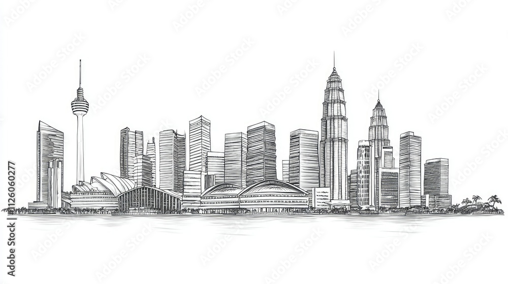 Fototapeta premium Hand-Drawn Illustration of a Modern City Skyline Featuring Iconic Buildings, Skyscrapers, and Detailed Architecture in a Monochrome Style, Perfect for Artistic Projects