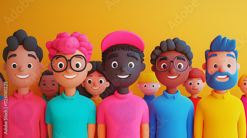 A colorful illustration featuring a diverse group of cartoon characters, each with unique hairstyles, expressions, and clothing, standing together against a bright yellow background radiating positivi photo