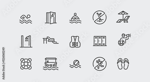 15 swimming pool icons. Includes simple representations of a swimmer, no diving symbol, swim cap, goggles, lifeguard whistle, life jacket, sunbed with umbrella. Vector illustration