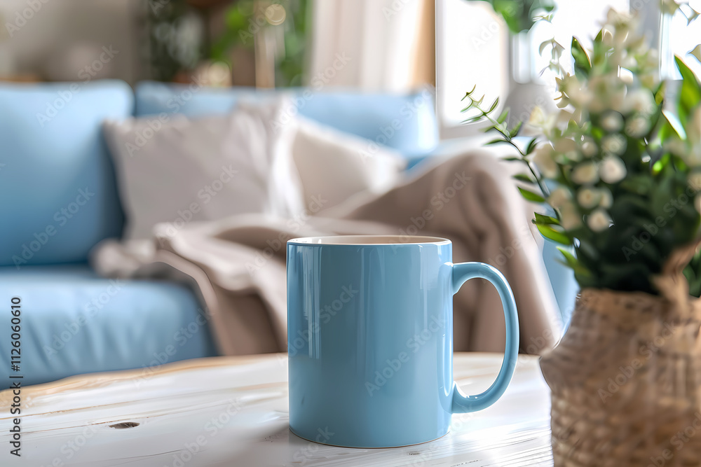 A cozy blue mug sits on a wooden table, inviting warmth and comfort in a bright, relaxing living room setting. A cozy blue mug sits on a wooden table, inviting warmth and comfort in a bright, relaxing living room setting.