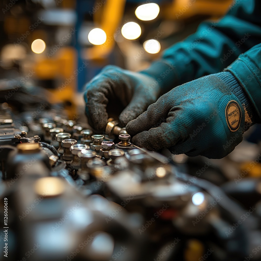 A technician in gloves works on machinery, adjusting components with precision. A technician in gloves works on machinery, adjusting components with precision.