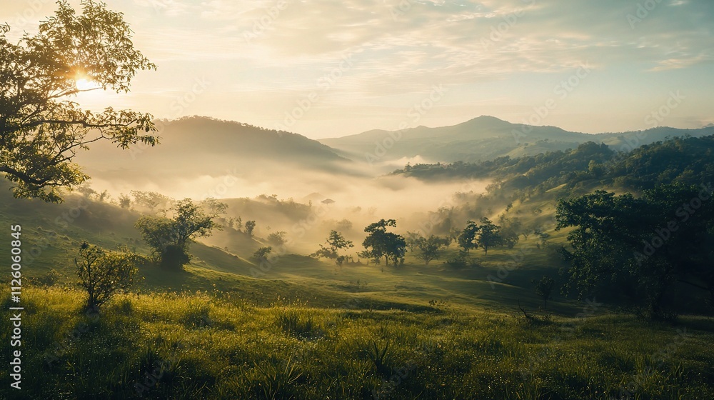 Fototapeta premium Serene Mountain Landscape with Mist in the Morning Light