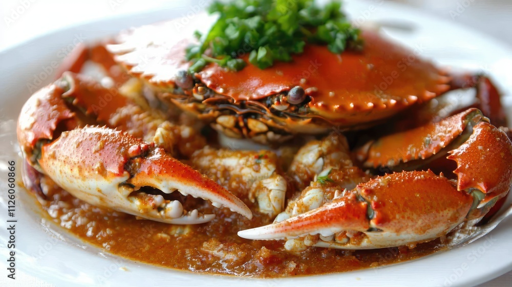 Freshly Cooked Crab with Spicy Sauce and Garnish in a White Plate Ideal for Food Photography and Culinary Presentations Freshly Cooked Crab with Spicy Sauce and Garnish in a White Plate Ideal for Food Photography and Culinary Presentations