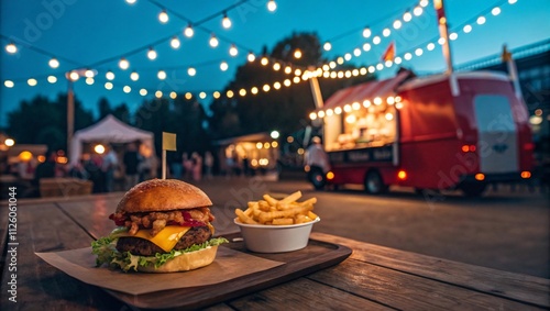 Summer Night Market with Food Truck, Burgers, Fries & String Lights V2