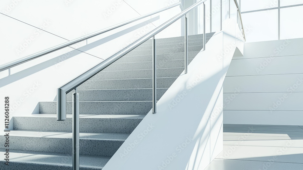 Obraz premium Modern Architectural Staircase with Grey Steps and Sleek Metal Handrail, Capturing Natural Light in an Open Space Environment