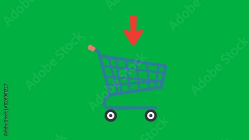 Animation shopping cart with arrow sign pointing on it.
Add more item. 4K video green screen.