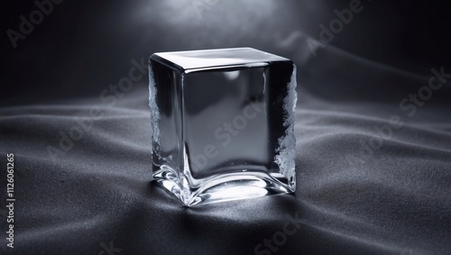 cinematographic image widescreen of a translucid ice cube with black background
