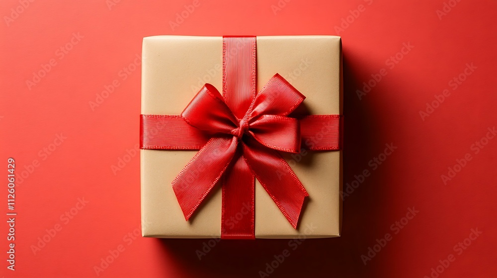 A festive gift box with a vibrant red ribbon, perfectly aligned on a vivid red background A festive gift box with a vibrant red ribbon, perfectly aligned on a vivid red background