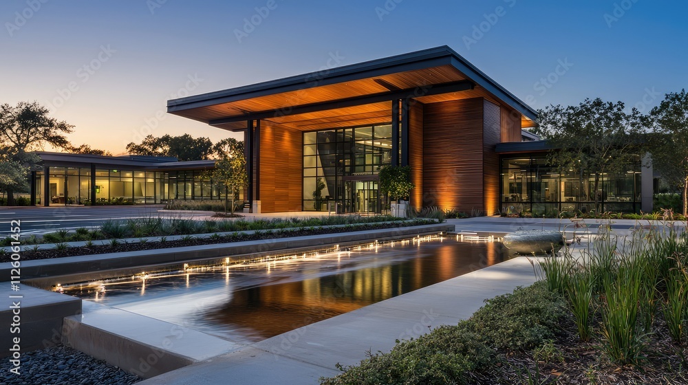 Fototapeta premium Modern Architectural Building at Dusk with Reflective Water Feature and Surrounding Greenery Set Against a Beautiful Evening Sky