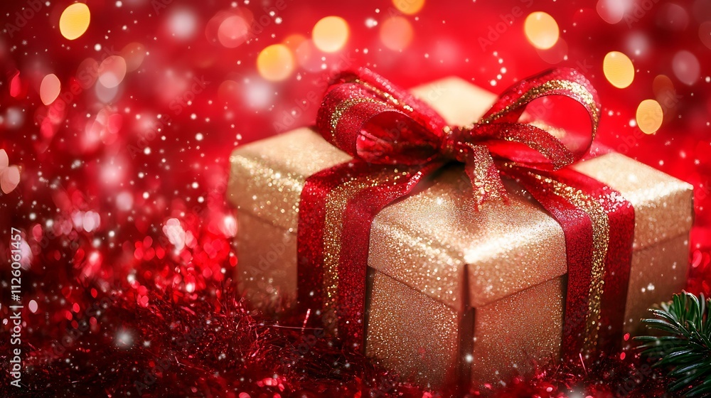 A festive gift box with a vibrant red ribbon, perfectly aligned on a vivid red background A festive gift box with a vibrant red ribbon, perfectly aligned on a vivid red background