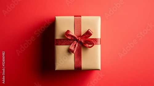 A festive gift box with a vibrant red ribbon, perfectly aligned on a vivid red background