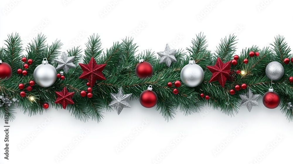 Christmas Garland With Red White Ornaments Pinecones on White Background Creating Festive Elegant Design Christmas Garland With Red White Ornaments Pinecones on White Background Creating Festive Elegant Design
