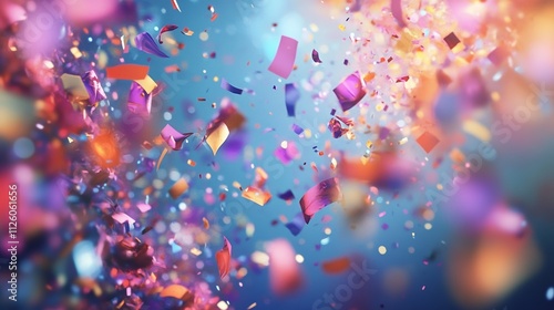 Blurry Image of Multicolored Confetti Falling Against Dark Background Representing Festive Celebration Joy