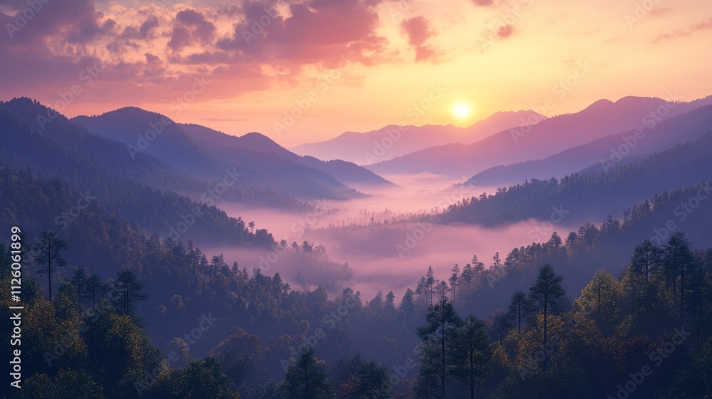 Sunrise over Foggy Mountains with Forest Silhouette and Pink Sky Sunrise over Foggy Mountains with Forest Silhouette and Pink Sky
