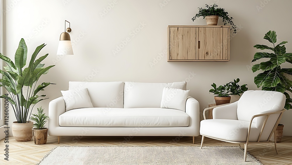 Fototapeta premium Minimalist living room interior with white sofa, armchair, plants, and wooden cabinet. (1)