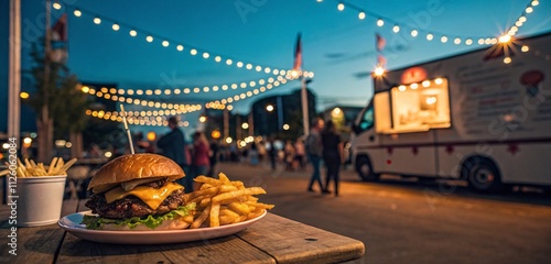 Summer Night Market with Food Truck, Burgers, Fries & String Lights V3