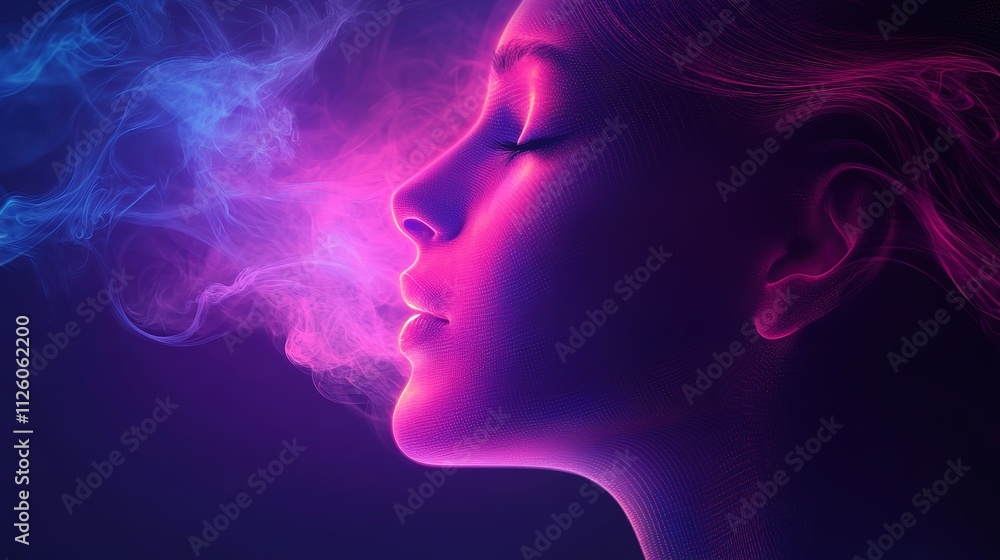 abstract digital face, science, technology, AI, artificial intelligence, neural networks, D concept, glowing, modern design, profile silhouette, colorful background, purple, blue , 8k image abstract digital face, science, technology, AI, artificial intelligence, neural networks, D concept, glowing, modern design, profile silhouette, colorful background, purple, blue , 8k image