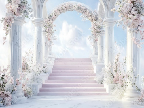White marble facade with pastel pink stairs Surrounded by white pillars