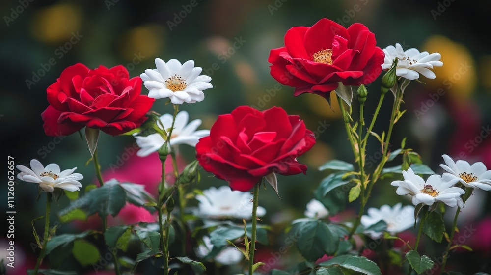Blooming White Flowers on Red Stems Standing Out Against a Green Background in a Beautiful Garden Blooming White Flowers on Red Stems Standing Out Against a Green Background in a Beautiful Garden