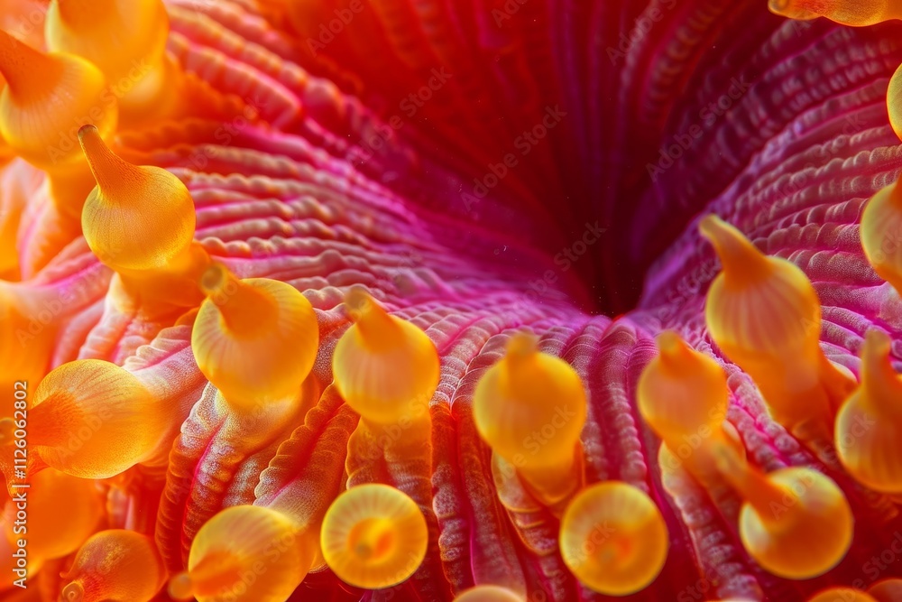 Fototapeta premium This vivid close-up captures the intricate structure of coral polyps, revealing their vibrant colors and unique shapes in a thriving marine habitat.