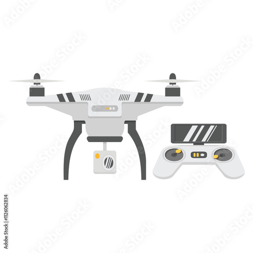 Modern UAV drone quadcopter with camera isolated on white background.