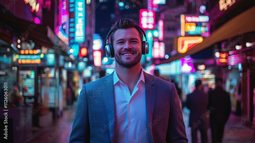 Fototapeta premium Smiling Caucasian Businessman Strolling Through Neon-Lit City Street While Listening to Music or Podcasts
