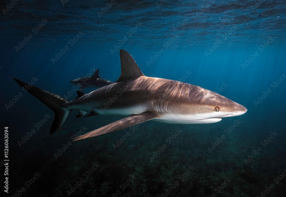 Eye level with a Caribbean Reef Shark (Carcharhinus perezii) near the surface. Eye level with a Caribbean Reef Shark (Carcharhinus perezii) near the surface.