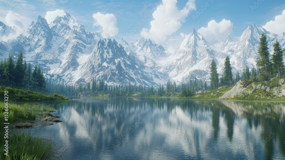 Serene mountain landscape reflects on calm lake under clear blue sky with fluffy clouds Serene mountain landscape reflects on calm lake under clear blue sky with fluffy clouds