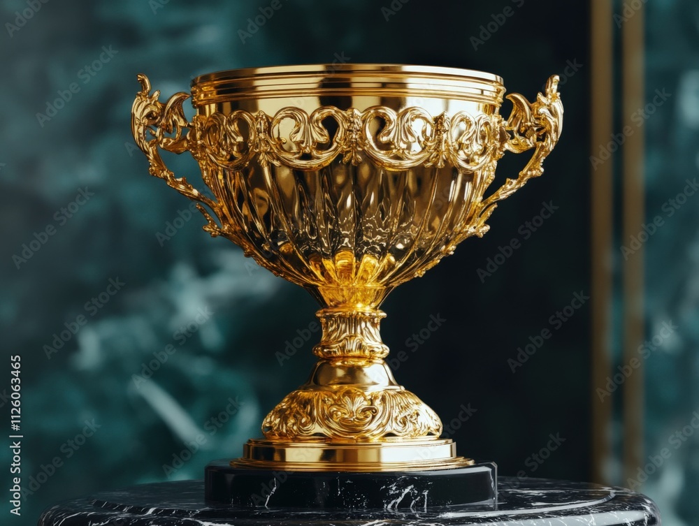 gold trophy on a marble pedestal for achievement and success gold trophy on a marble pedestal for achievement and success