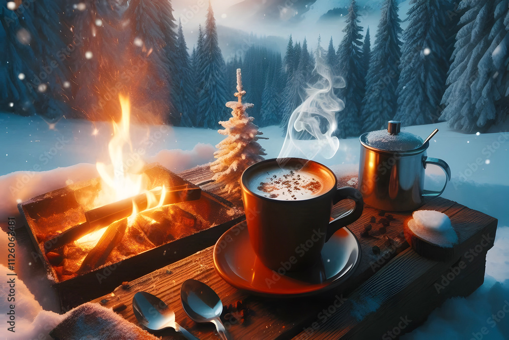 Creative image of Cozy Winter Morning by the Campfire and a cup of hot chocolate Creative image of Cozy Winter Morning by the Campfire and a cup of hot chocolate
