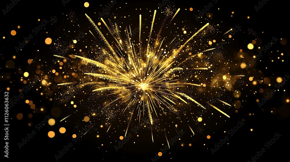 Obraz premium A golden fireworks explosion with a cascade of glowing particles and soft bokeh lights, set on a dark backdrop