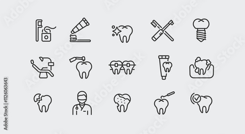 Stomatology icons set. 15 stomatology trendy minimal icons. Tooth, dental drill, tooth brush, tooth paste, dental chair, oral hygiene, implant, crown, floss icons. Vector illustration.
