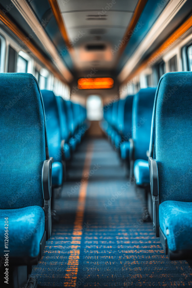 Fototapeta premium Comfortable train interior with blue seating in a quiet carriage at midday