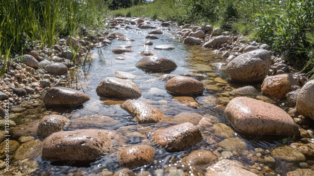 Tranquil rocky stream flows through a lush green landscape under bright sunlight Tranquil rocky stream flows through a lush green landscape under bright sunlight