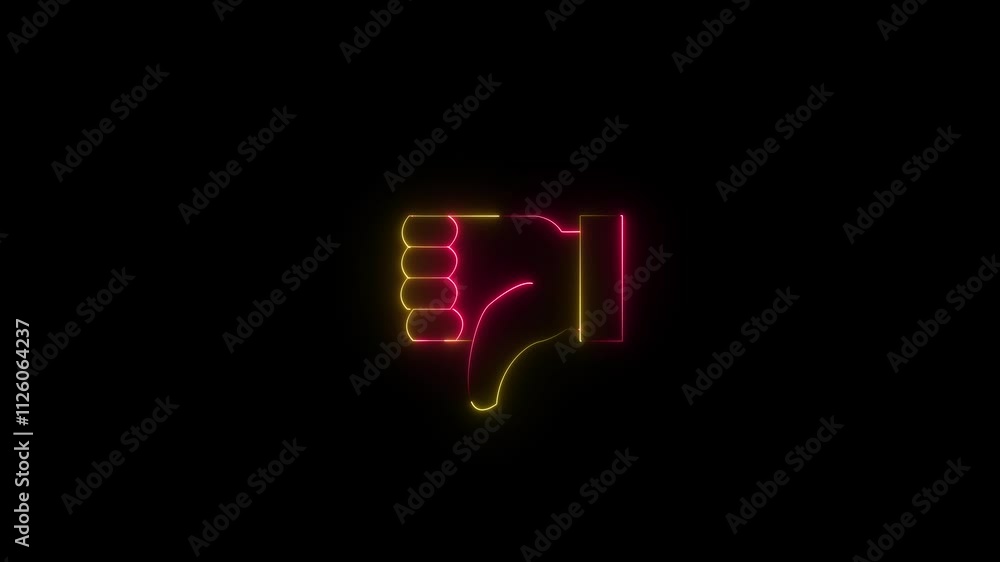 Neon dislike icon glowing black background . Unhappy pointing thumb down disapprovingly on Black background. Neon dislike icon glowing black background . Unhappy pointing thumb down disapprovingly on Black background.